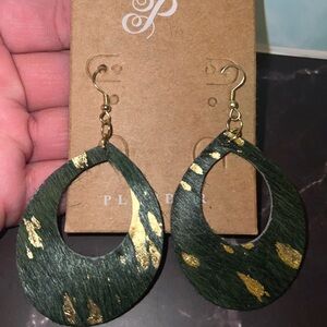 Plunder Dark Green Teardrop Earrings with Gold Accents